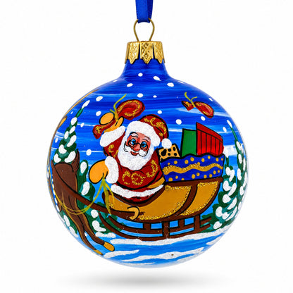 Santa in the Woods Glass Ball Christmas Ornament 3.25 Inches