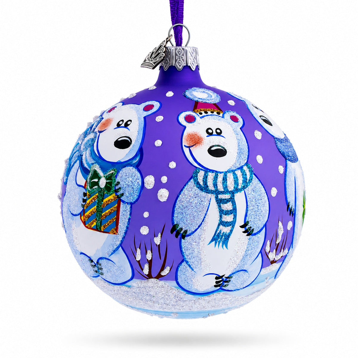 Three Polar Bears Glass Ball Christmas Ornament 4 Inches