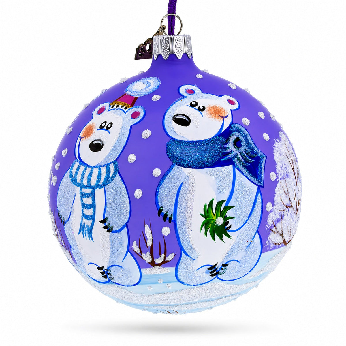 Three Polar Bears Glass Ball Christmas Ornament 4 Inches