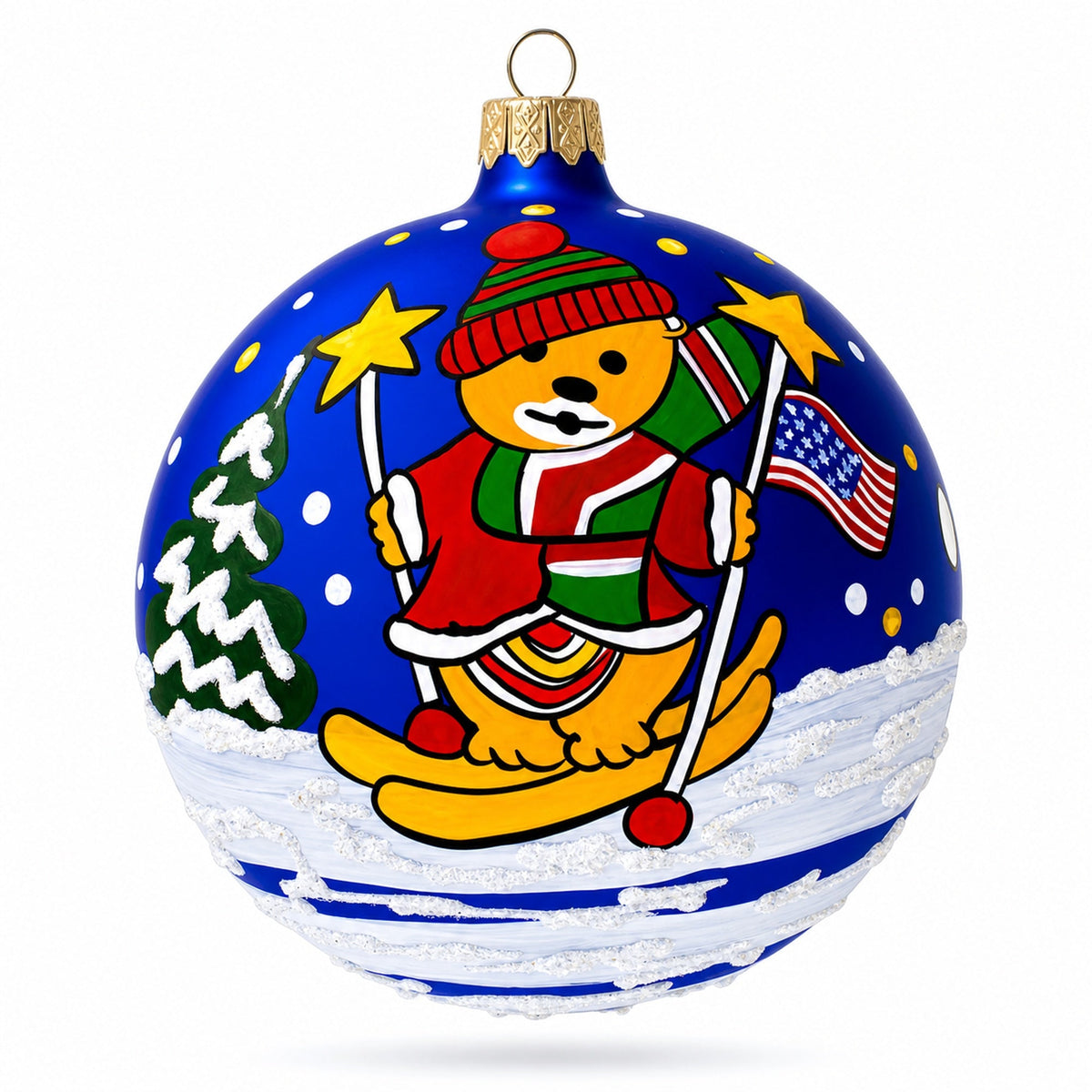 Bear Skiing with Snowman and USA Flag Glass Ball Christmas Ornament 4 Inches