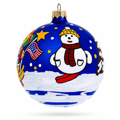 Bear Skiing with Snowman and USA Flag Glass Ball Christmas Ornament 4 Inches