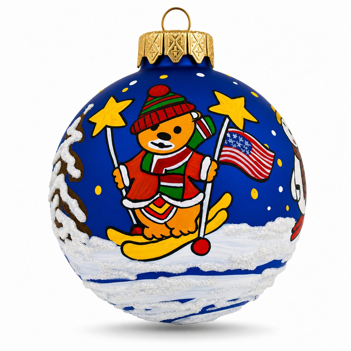 Bear Skiing with Snowman and USA Flag Glass Ball Christmas Ornament 3.25 Inches