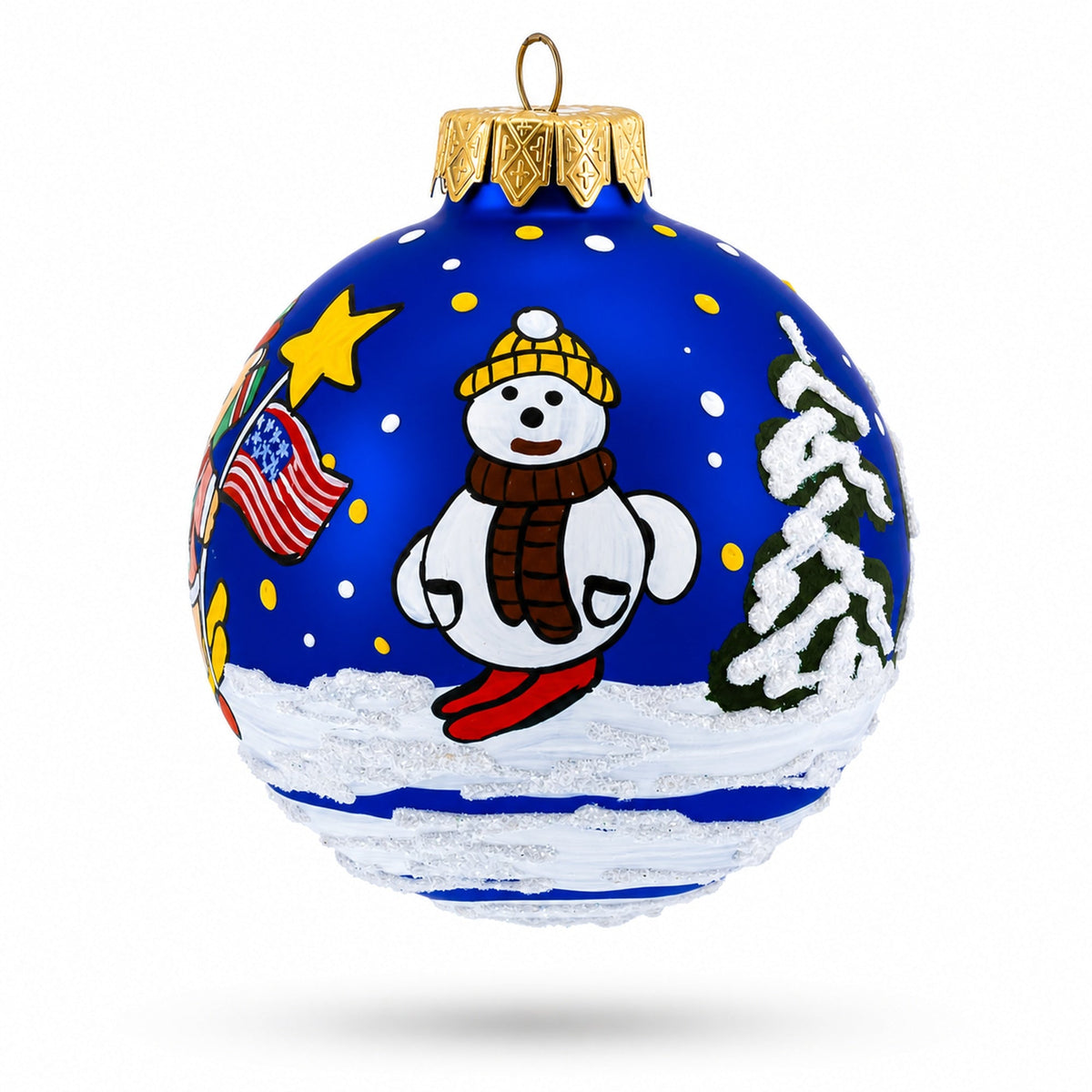Bear Skiing with Snowman and USA Flag Glass Ball Christmas Ornament 3.25 Inches