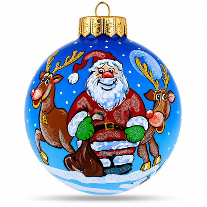Santa and Reindeer Festive Glass Ball Christmas Ornament 4 Inches