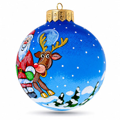 Santa and Reindeer Festive Glass Ball Christmas Ornament 4 Inches