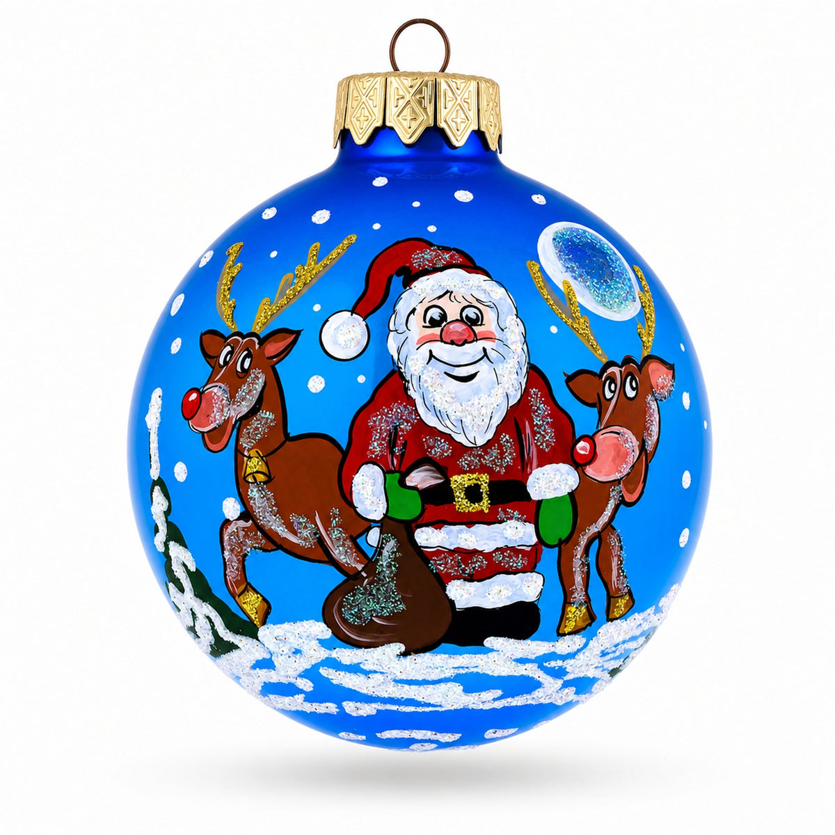 Santa and Reindeer Festive Glass Ball Christmas Ornament 3.25 Inches