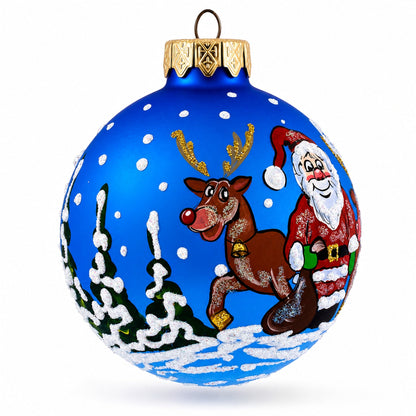 Santa and Reindeer Festive Glass Ball Christmas Ornament 3.25 Inches