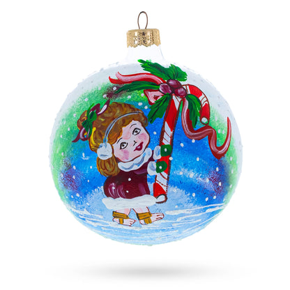 Girl with Candy Cane Glass Ball Christmas Ornament 4 Inches