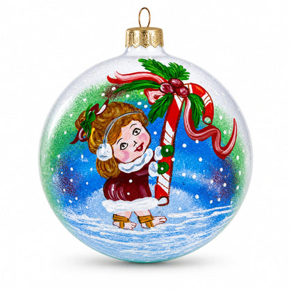 Girl with Candy Cane Glass Ball Christmas Ornament 4 Inches