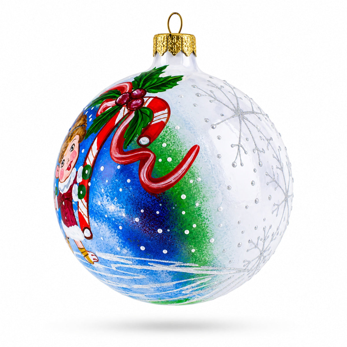 Girl with Candy Cane Glass Ball Christmas Ornament 4 Inches