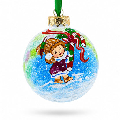 Girl with Candy Cane Glass Ball Christmas Ornament  3.25 Inches