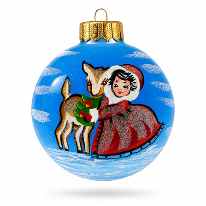 Little Red Hood with the Deer Glass Ball Christmas Ornament 4 Inches