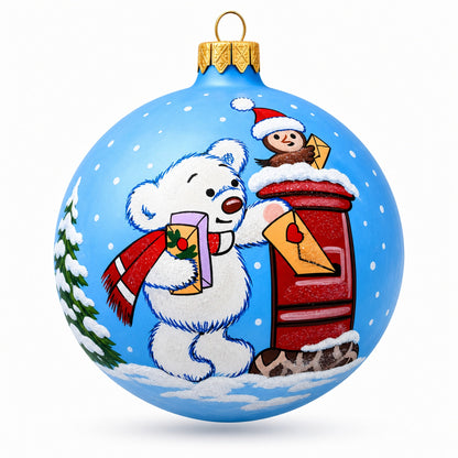 Bear Mailing Christmas Wish List Glass Ball Christmas Ornament  3.25 Inches