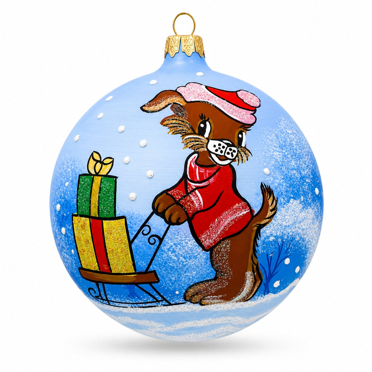 Dog Delivering Christmas Gifts on Sleigh Glass Ball Christmas Ornament 4 Inches