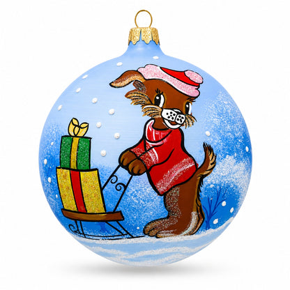 Dog Delivering Christmas Gifts on Sleigh Glass Ball Christmas Ornament 4 Inches