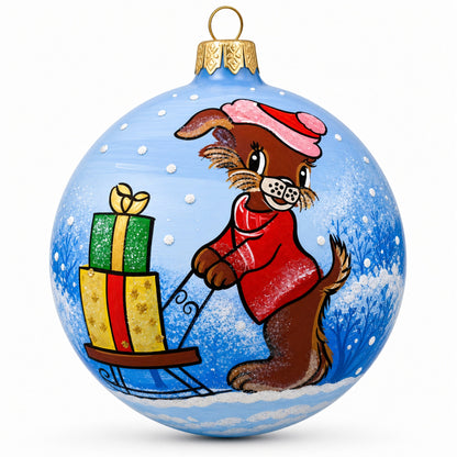 Dog Delivering Christmas Gifts on Sleigh Glass Ball Christmas Ornament 3.25 Inches