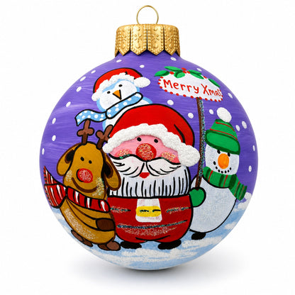 Santa, Reindeer, and Snowman Friends Glass Ball Christmas Ornament 4 Inches