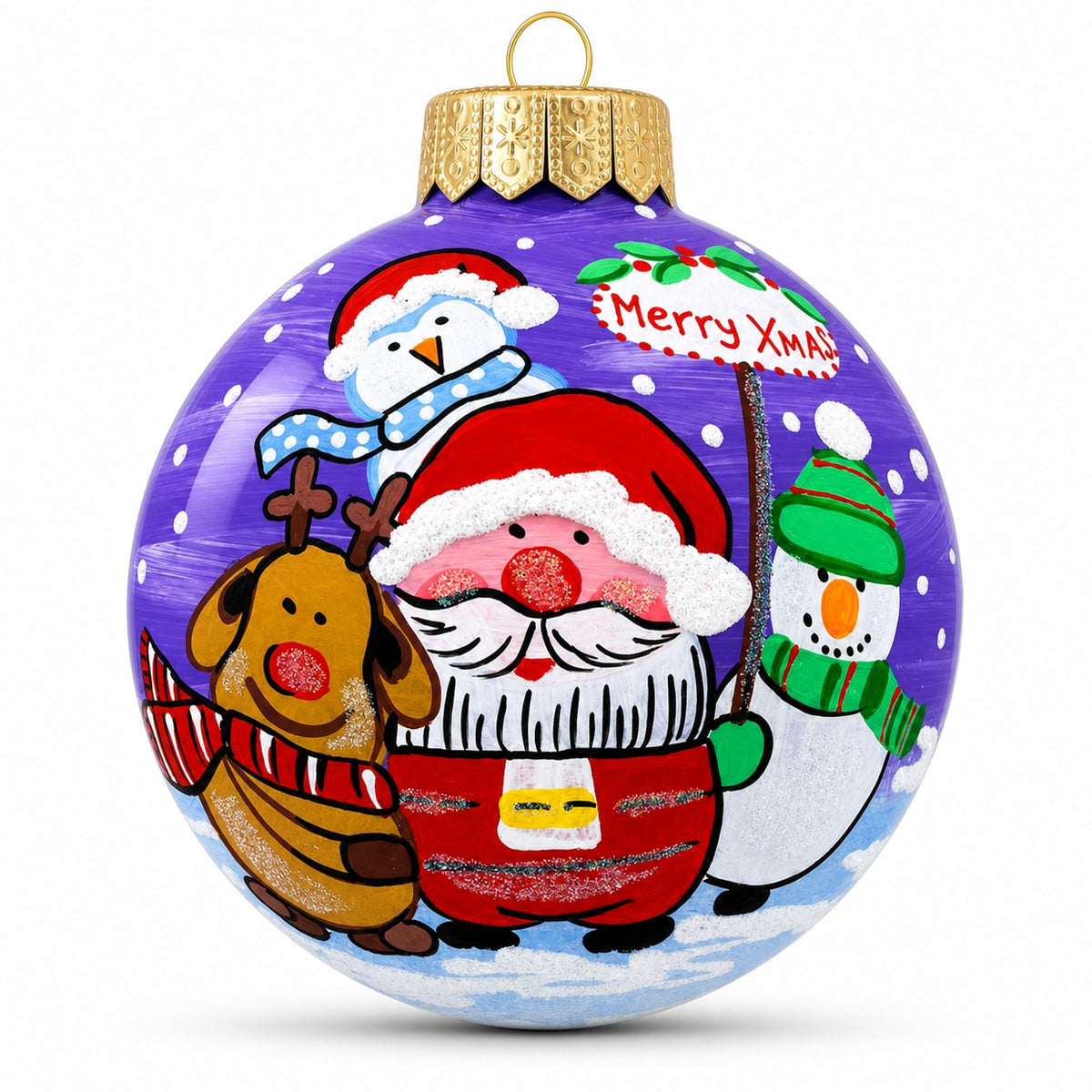 Santa, Reindeer, and Snowman Friends Glass Ball Christmas Ornament 3.25 Inches