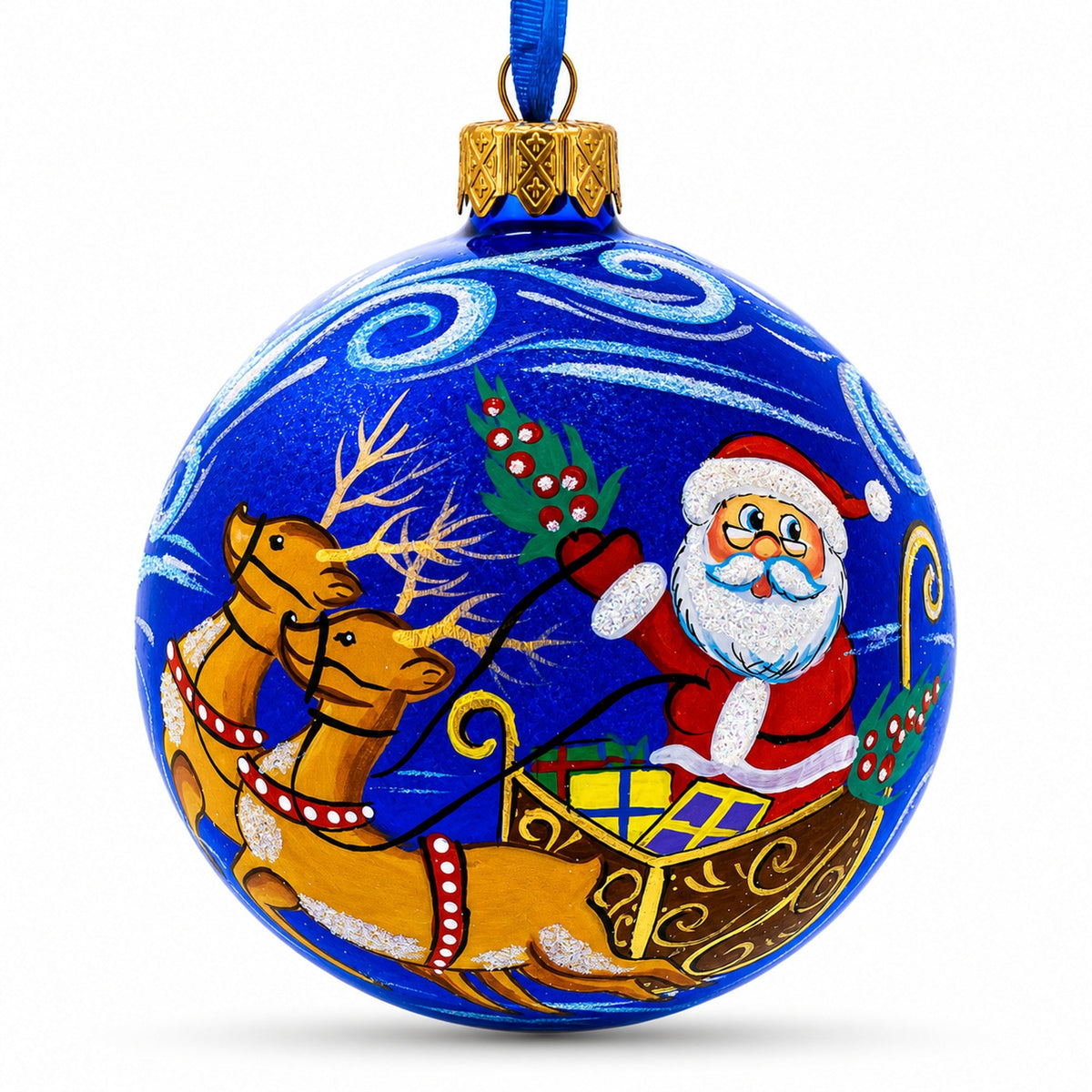 Jolly Santa Riding Sleigh with Reindeer Glass Ball Christmas Ornament 4 Inches