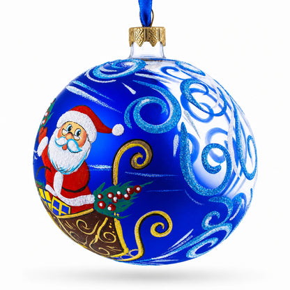 Jolly Santa Riding Sleigh with Reindeer Glass Ball Christmas Ornament 4 Inches