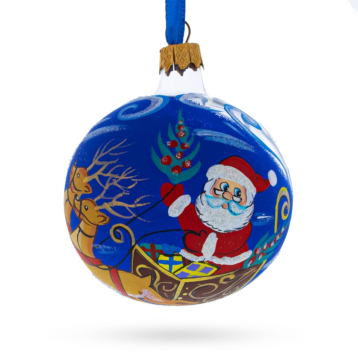 Jolly Santa Riding Sleigh with Reindeer Glass Ball Christmas Ornament 3.25 Inches
