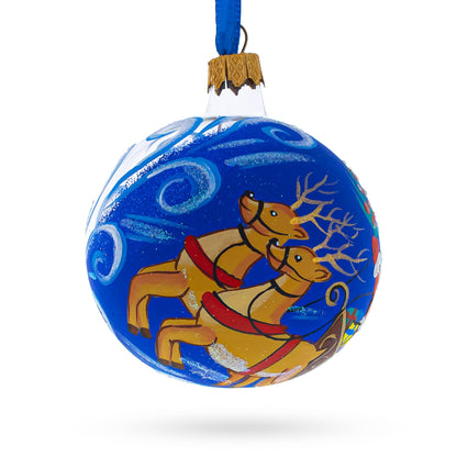 Jolly Santa Riding Sleigh with Reindeer Glass Ball Christmas Ornament 3.25 Inches