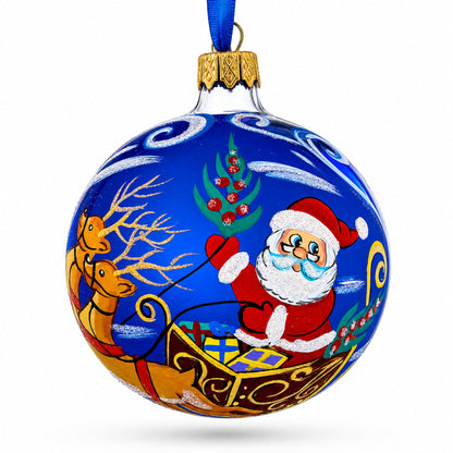 Jolly Santa Riding Sleigh with Reindeer Glass Ball Christmas Ornament 3.25 Inches