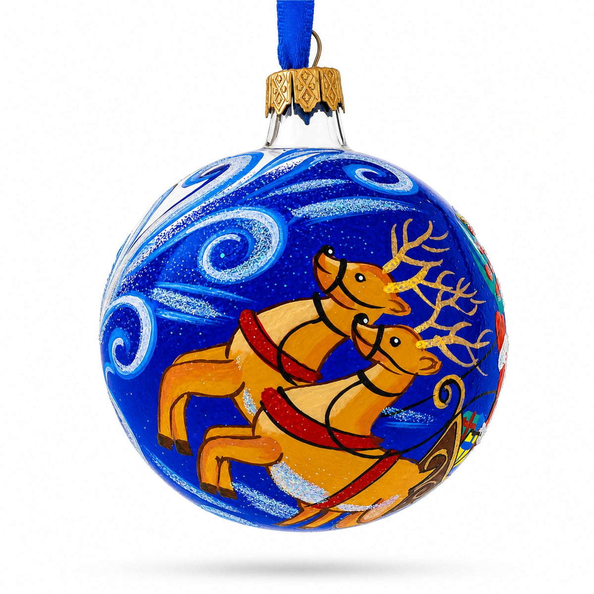 Jolly Santa Riding Sleigh with Reindeer Glass Ball Christmas Ornament 3.25 Inches