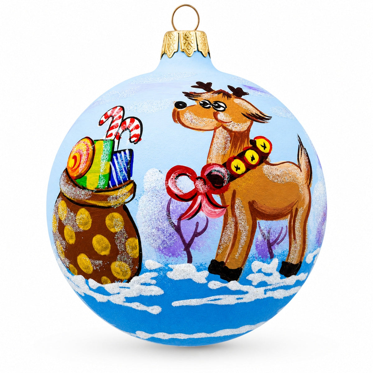 Reindeer Carrying Bag of Gifts Glass Ball Christmas Ornament 4 Inches