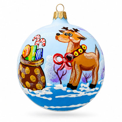 Reindeer Carrying Bag of Gifts Glass Ball Christmas Ornament 3.25 Inches
