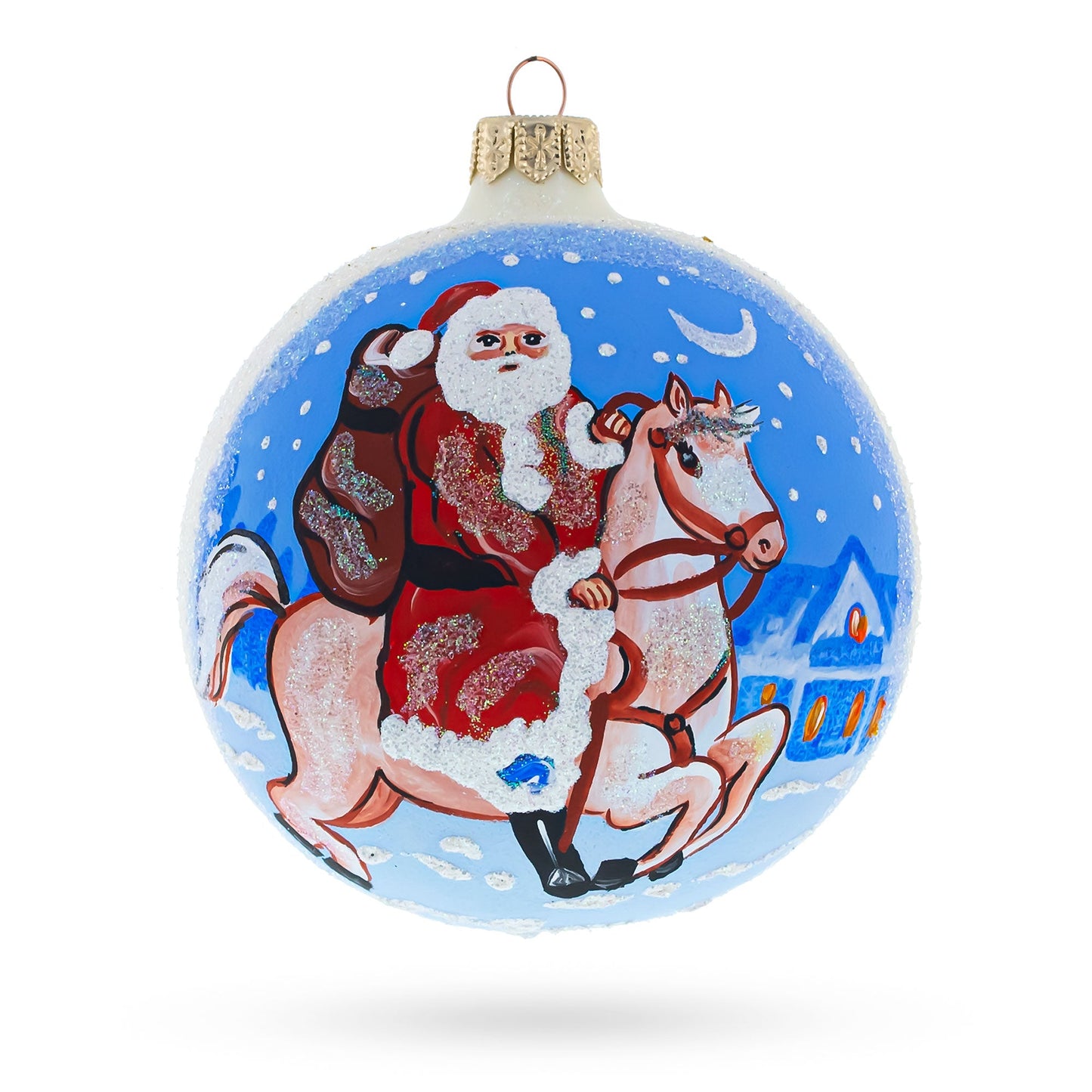 Santa Riding Horse Laden with Gifts Glass Ball Christmas Ornament3.25 Inches