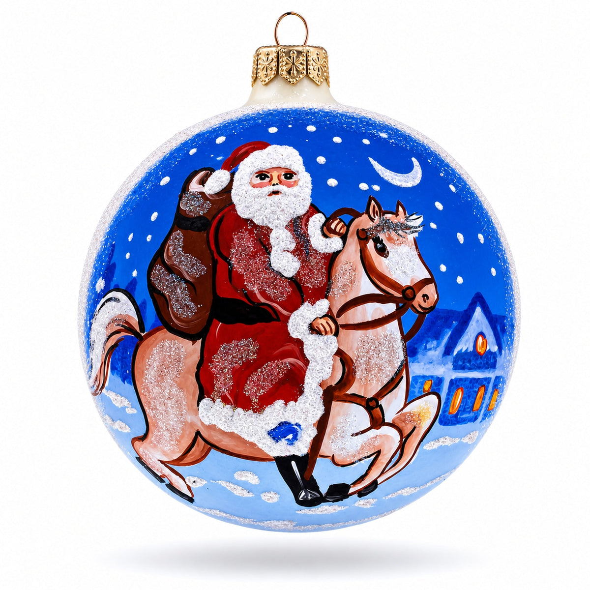 Santa Riding Horse Laden with Gifts Glass Ball Christmas Ornament 4 Inches
