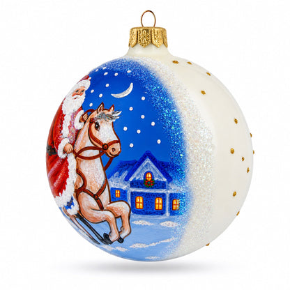 Santa Riding Horse Laden with Gifts Glass Ball Christmas Ornament 4 Inches