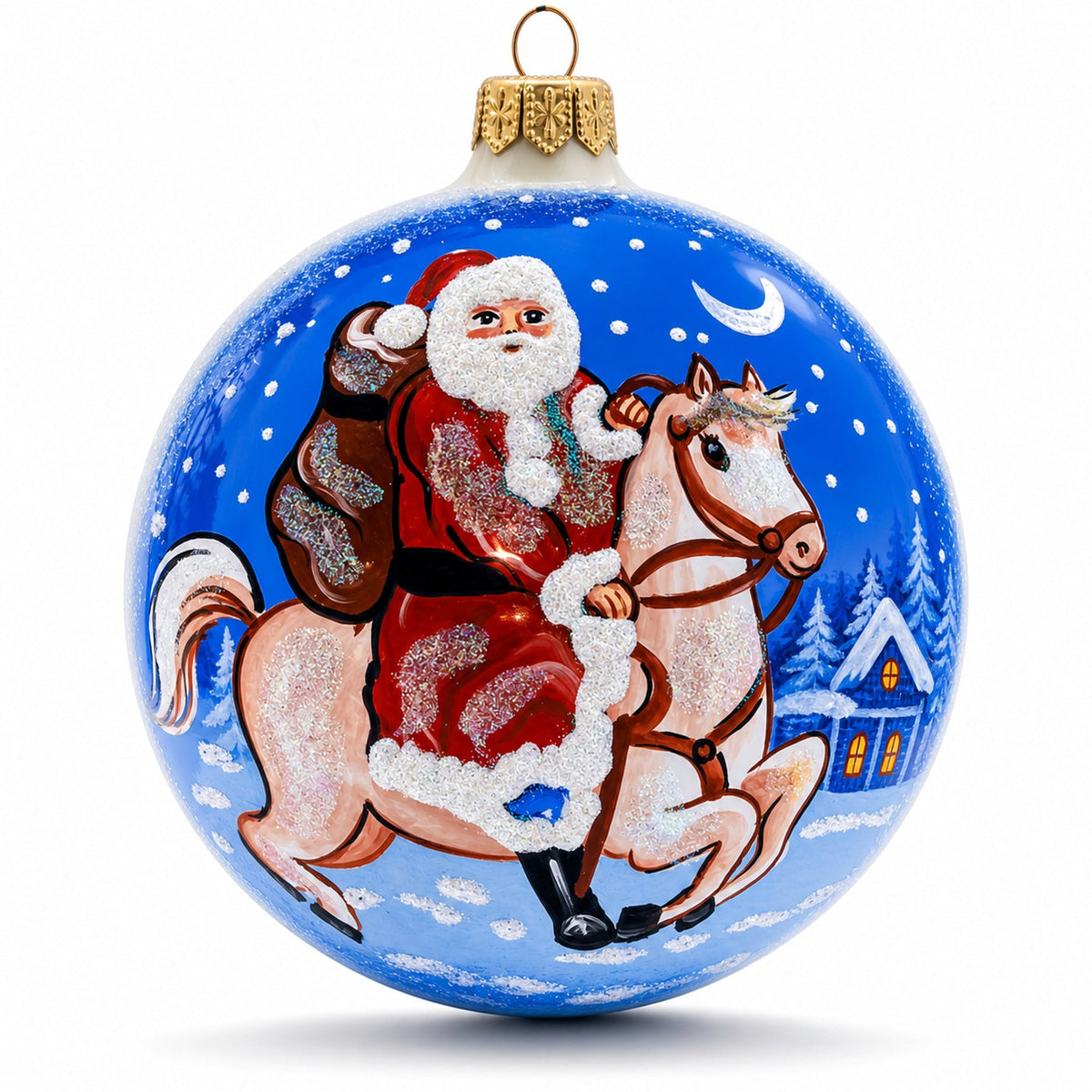 Santa Riding Horse Laden with Gifts Glass Ball Christmas Ornament3.25 Inches