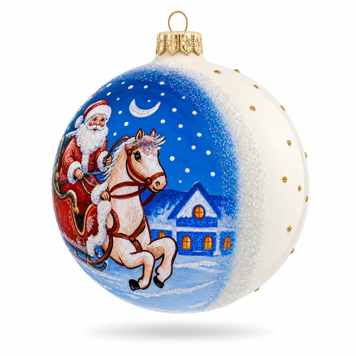 Santa Riding Horse Laden with Gifts Glass Ball Christmas Ornament3.25 Inches