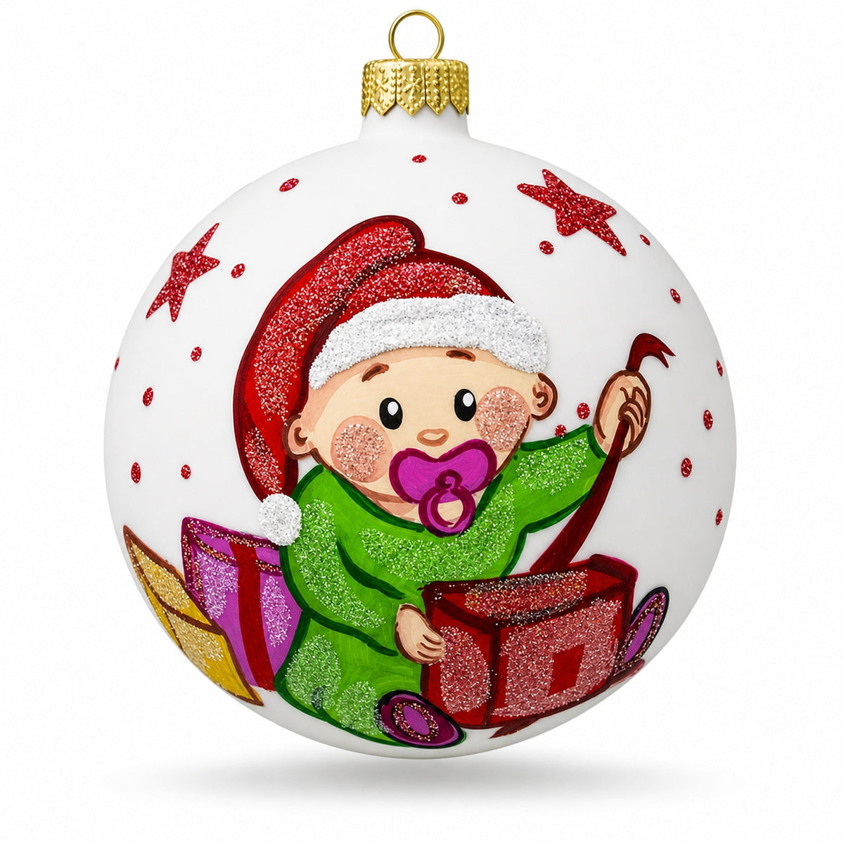 Girl Opening Gift Glass Ball Baby's First Christmas Ornament 4 Inches