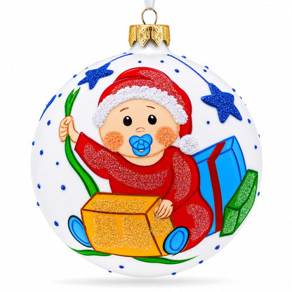 Boy Opening Gift Glass Ball Baby's First Christmas Ornament 4 Inches