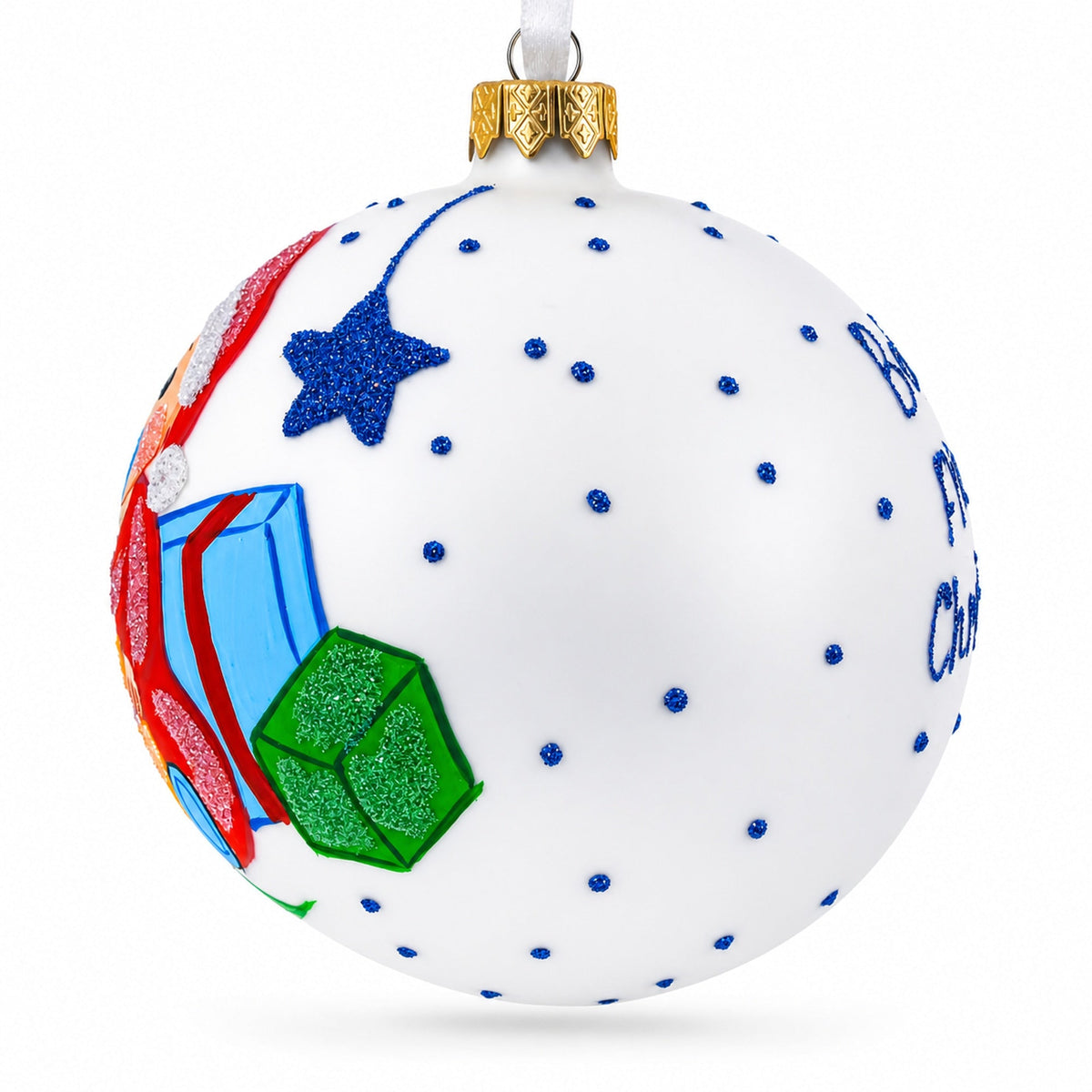 Boy Opening Gift Glass Ball Baby's First Christmas Ornament 4 Inches