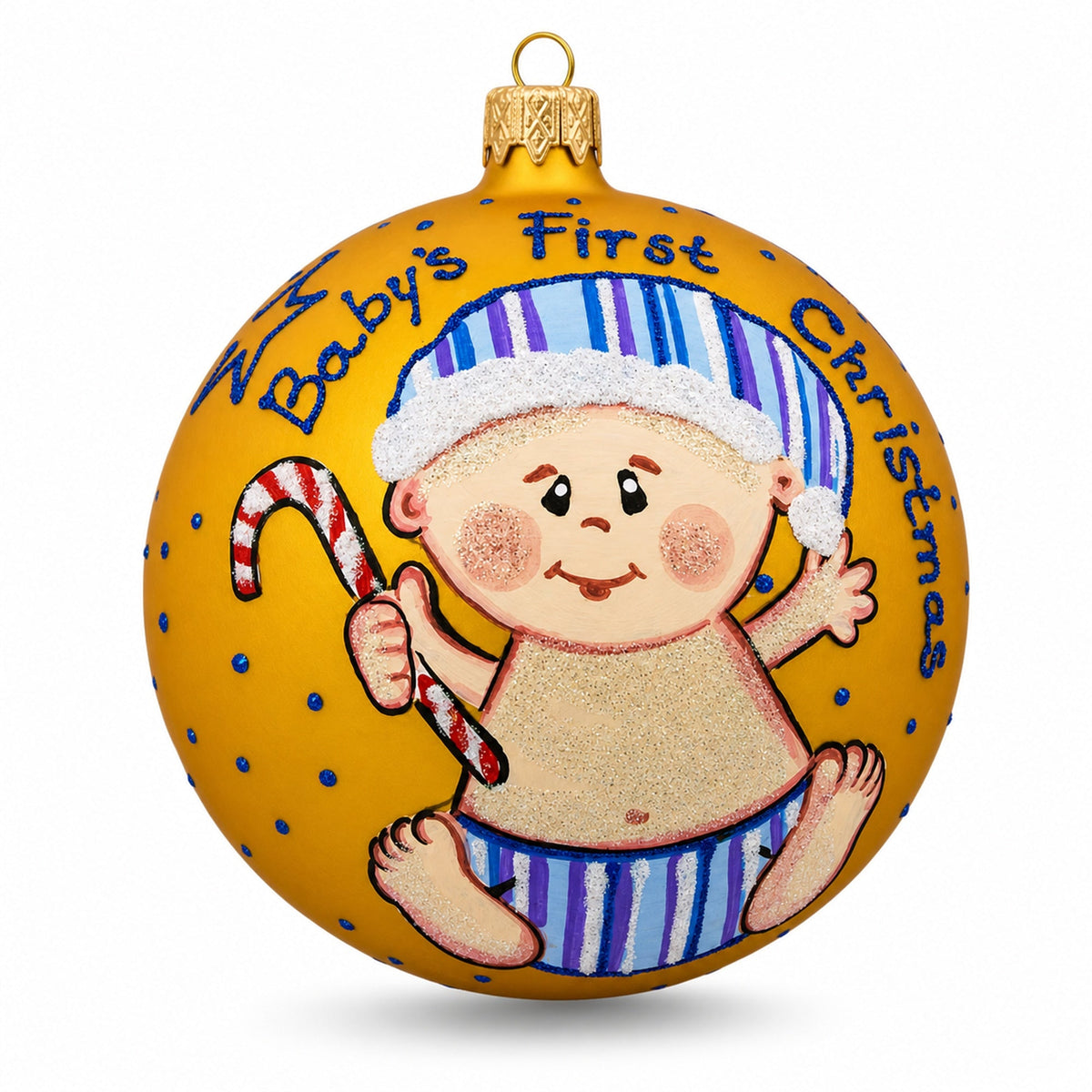 Boy with Candy Cane Glass Ball Baby's First Christmas Ornament 4 Inches