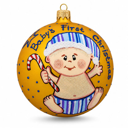 Boy with Candy Cane Glass Ball Baby's First Christmas Ornament 4 Inches
