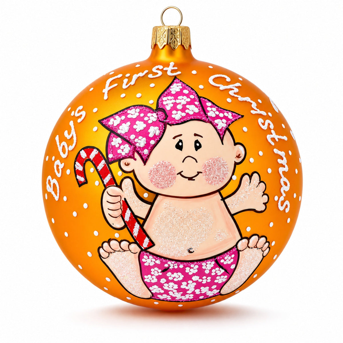 Girl with Candy Cane Glass Ball Baby's First Christmas Ornament 4 Inches