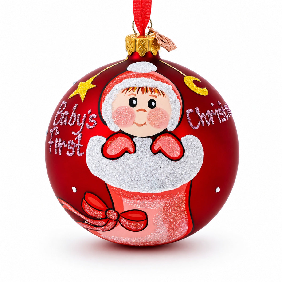 Girl in Stocking Glass Ball Baby's First Christmas Ornament 4 Inches