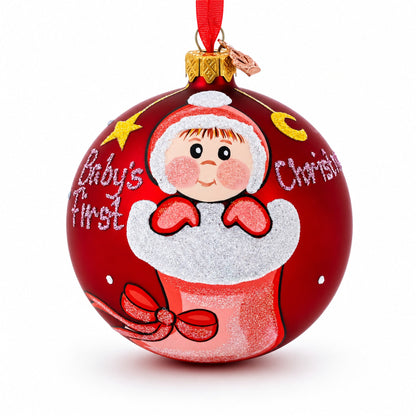 Girl in Stocking Glass Ball Baby's First Christmas Ornament 4 Inches