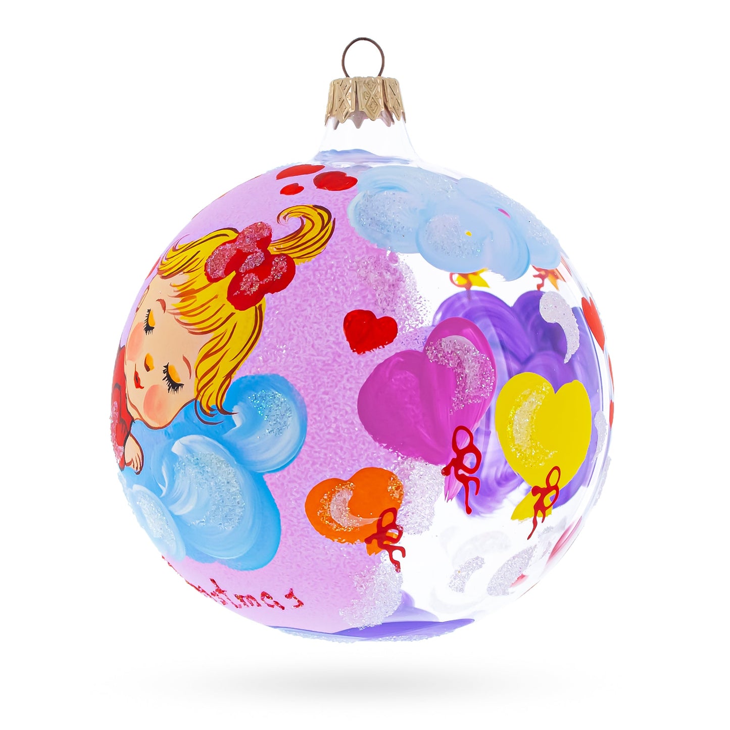 Girl Slumbering on Fluffy Clouds Baby's First Glass Ball Christmas Ornament 4 Inches