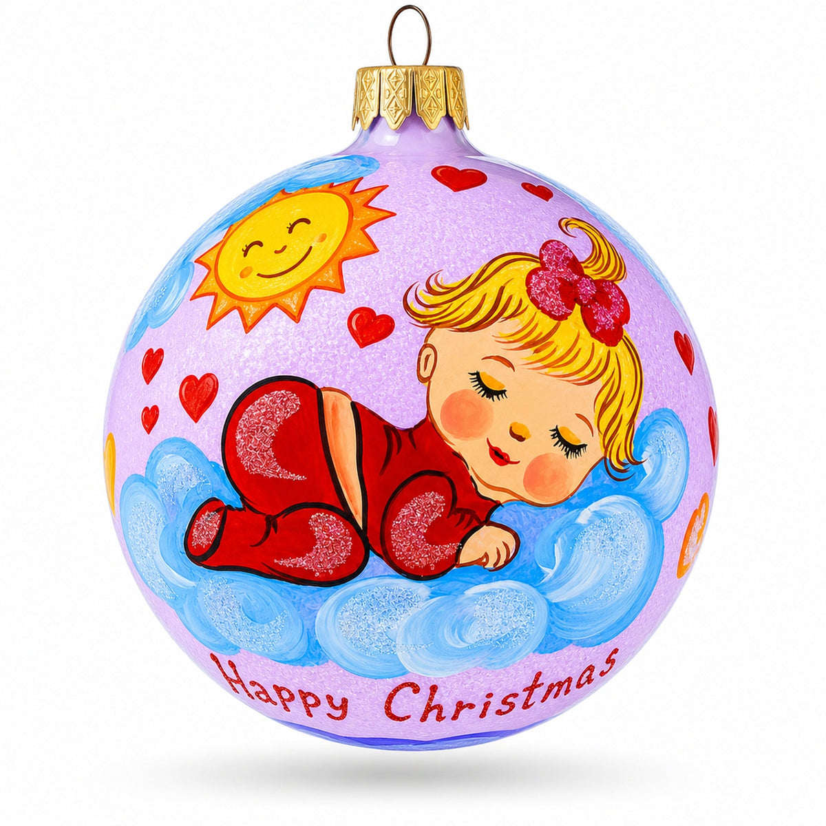 Sleeping Baby Girl on Clouds Pink Ball with Hearts Glass Ball Christmas Ornament 4 Inches