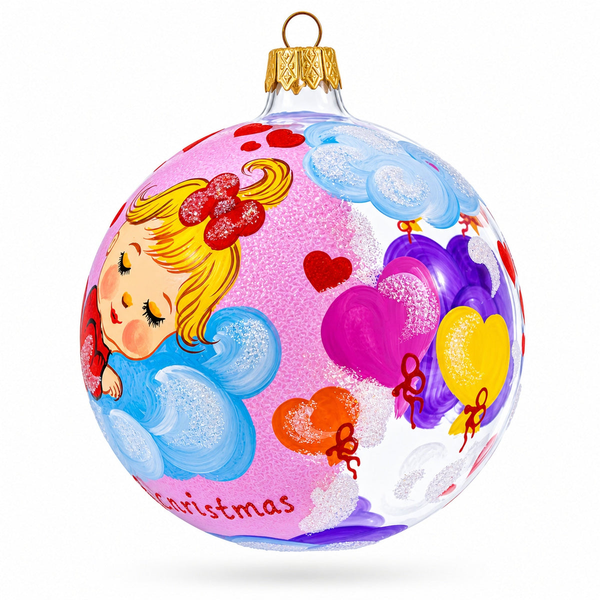 Sleeping Baby Girl on Clouds Pink Ball with Hearts Glass Ball Christmas Ornament 4 Inches