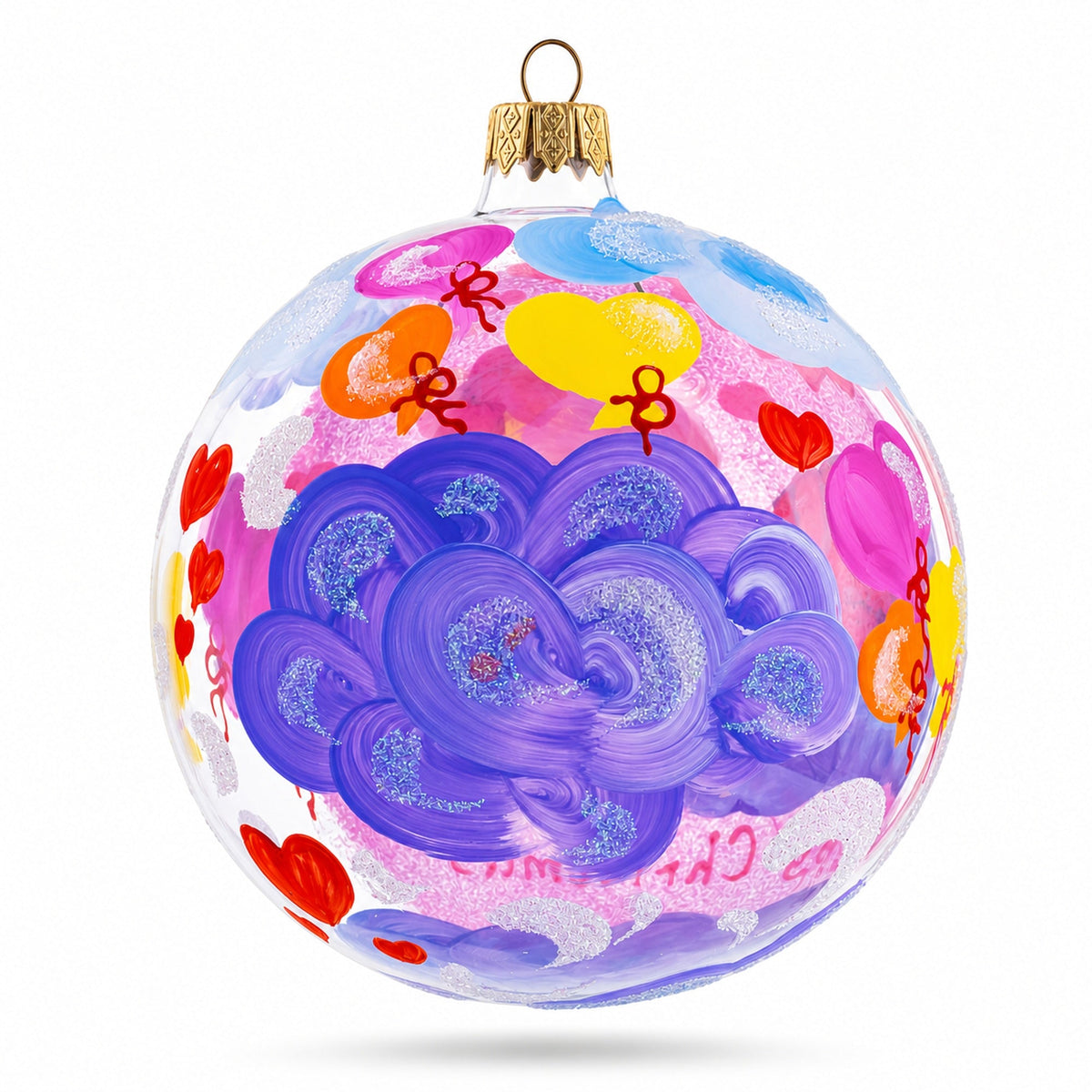 Sleeping Baby Girl on Clouds Pink Ball with Hearts Glass Ball Christmas Ornament 4 Inches