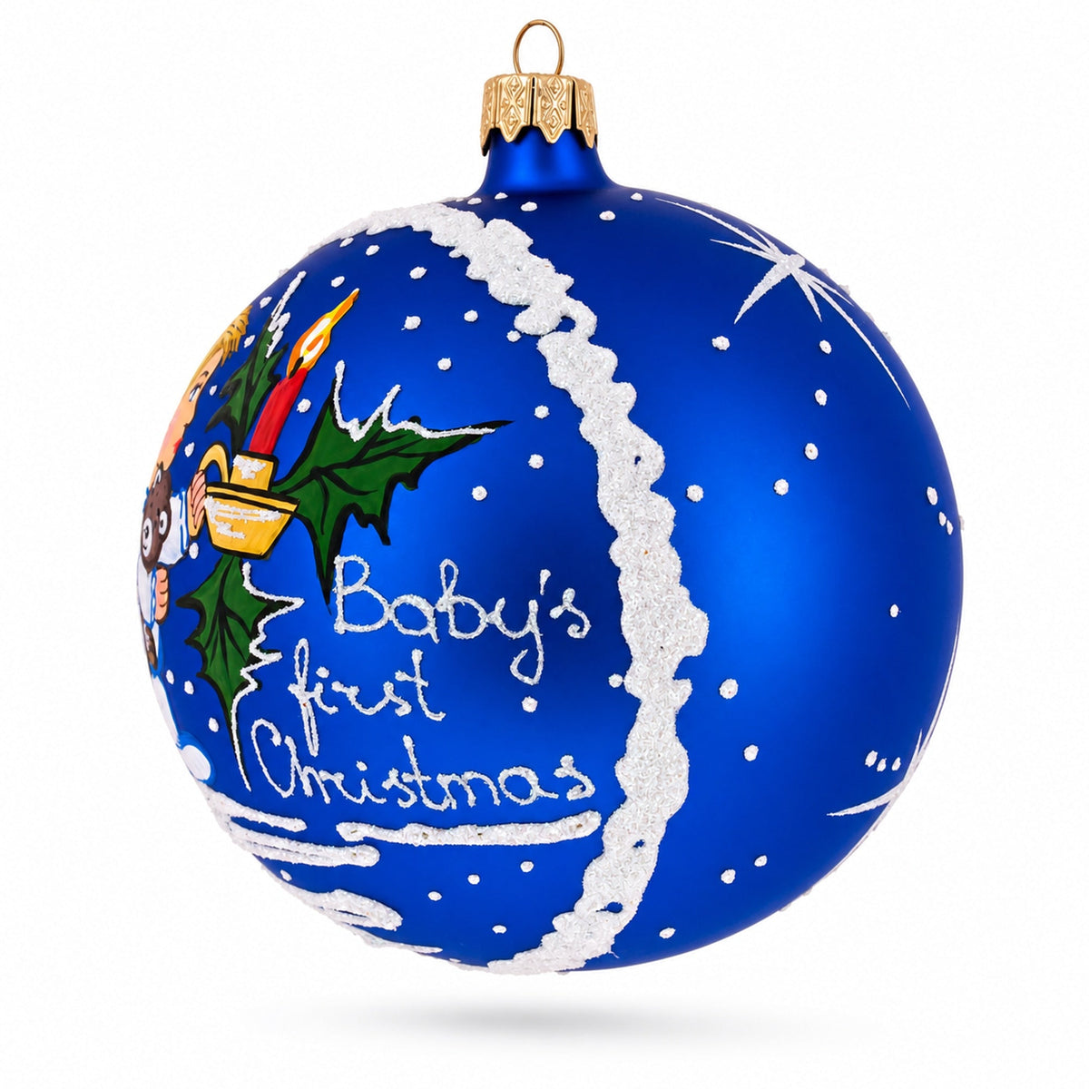 Boy Cuddling Teddy Bear Glass Ball Baby's First Christmas Ornament 4 Inches