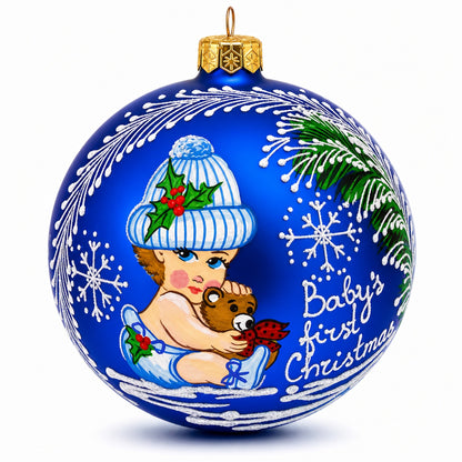 Girl Hugging Teddy Bear Glass Ball Baby's First Christmas Ornament 4 Inches