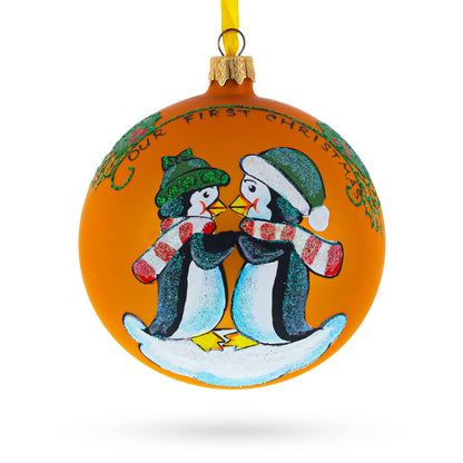 Our First Christmas Penguin Couple Glass Ball Ornament 4 Inches